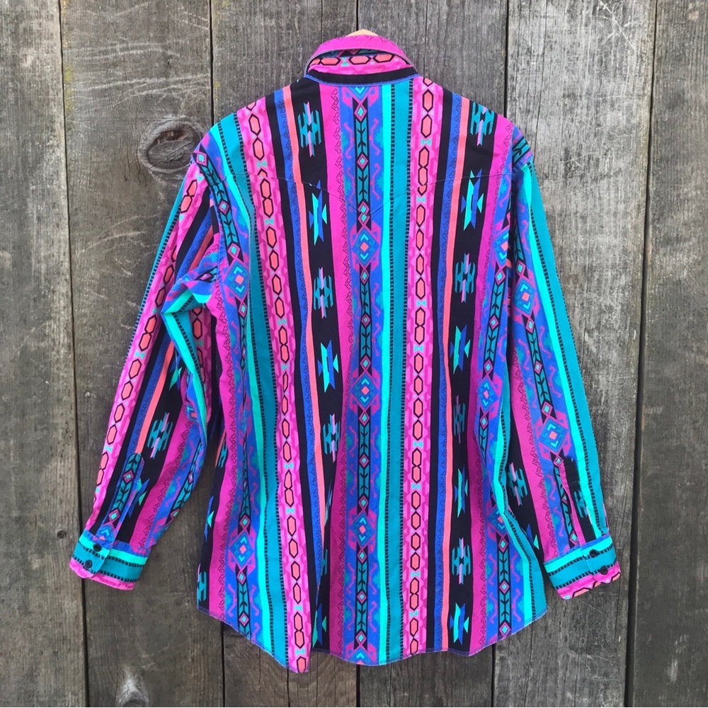 Vintage 90s Wrangler Southwest Aztec Navajo Print Cowboy Rodeo Shirt 16 1/2 - 34 - Picture 4 of 6